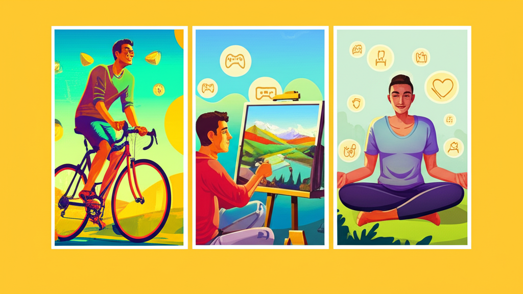 Ilustrasi aktivitas pengganti yang menyenangkan dan menguntungkan seperti bersepeda, melukis, dan meditasi untuk mengatasi kecanduan slot.