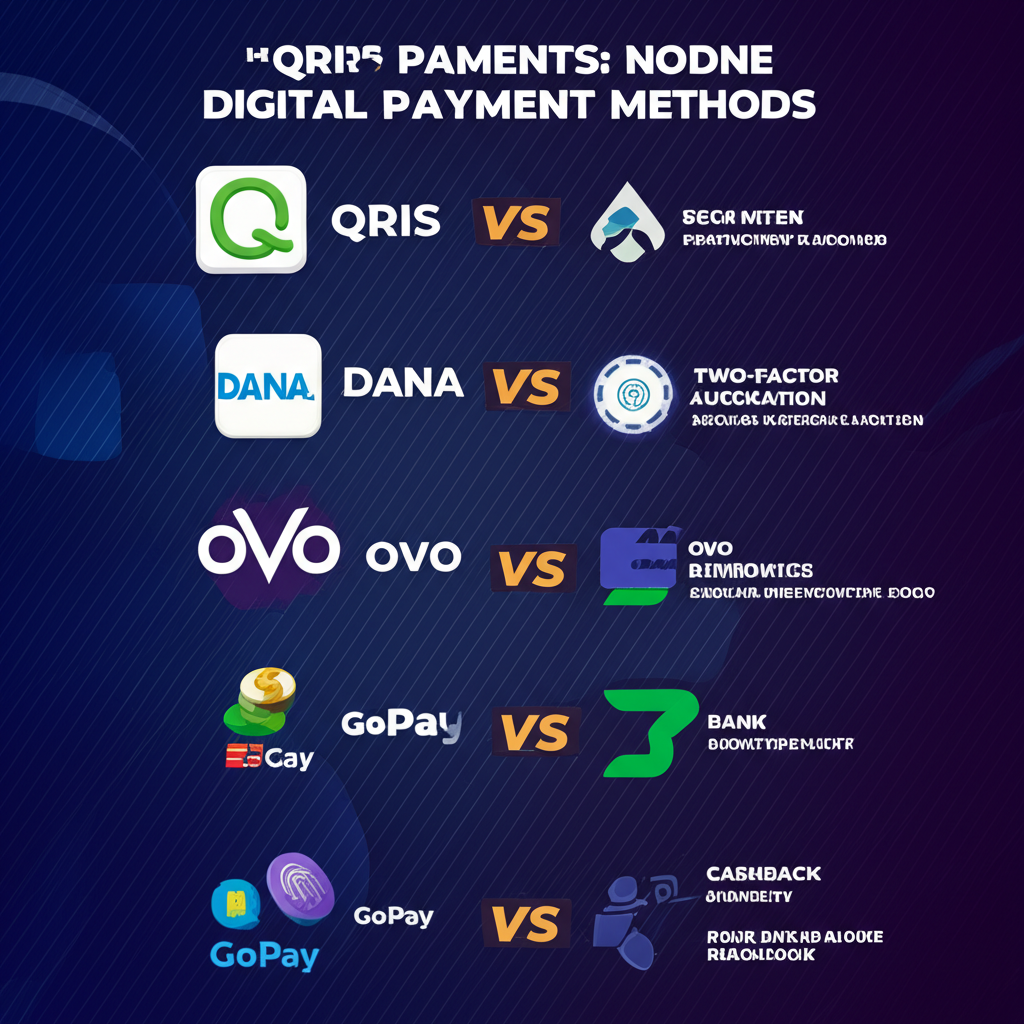 Infografis perbandingan metode pembayaran digital Indonesia untuk slot online seperti QRIS, DANA, OVO, GoPay, dan transfer bank