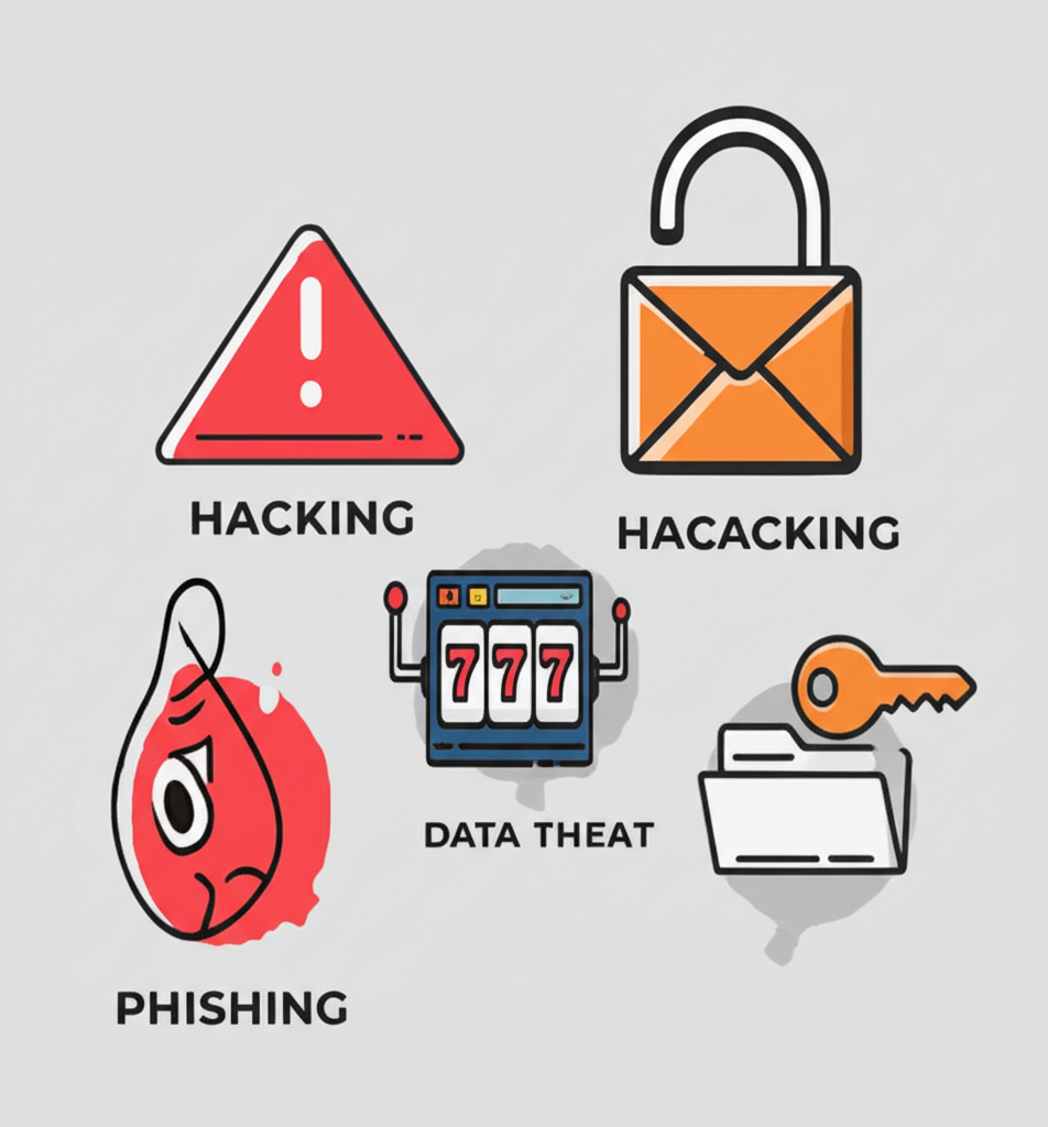 Infografis ancaman keamanan umum dalam transaksi slot online seperti peretasan dan phishing