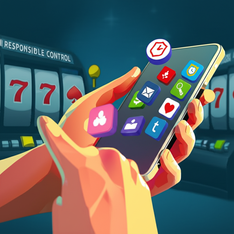 Ilustrasi digital seseorang menggunakan aplikasi anti kecanduan slot online dengan ikon aplikasi dan simbol perjudian bertanggung jawab