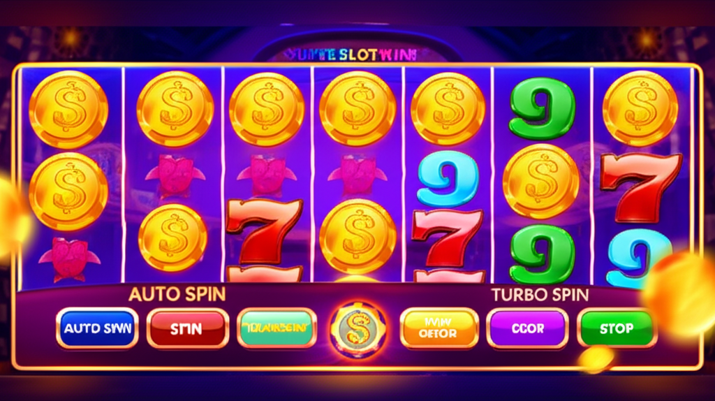 Ilustrasi fitur Auto Spin pada mesin slot online dengan tombol aktif dan simbol kemenangan, menggambarkan strategi memaksimalkan profit di platform SuperSlotWins
