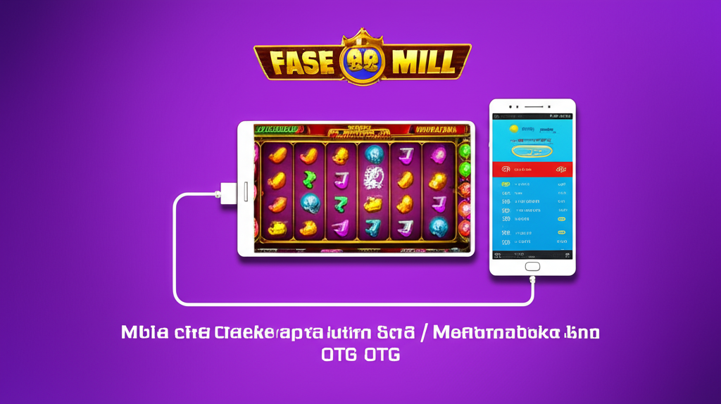 Ilustrasi smartphone dengan permainan slot online yang terhubung ke USB OTG untuk backup data menggunakan file manager