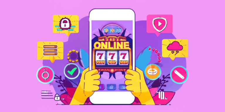 Ilustrasi pemain slot online menggunakan smartphone dengan ikon backup data dan keamanan, menggambarkan pengalaman bermain yang aman dan menyenangkan