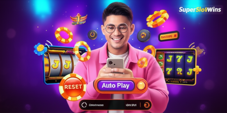 Ilustrasi pemain slot online Indonesia menggunakan fitur Auto Play dengan ikon troubleshooting dan reset di layar, suasana modern dan ramah