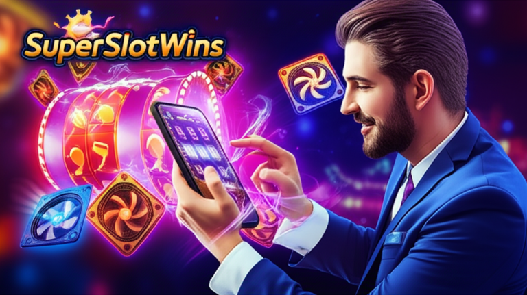 Ilustrasi pemain slot profesional menggunakan smartphone dengan efek panas dan elemen pendinginan, menggambarkan pengalaman mengatasi masalah HP panas saat bermain slot online di SuperSlotWins.