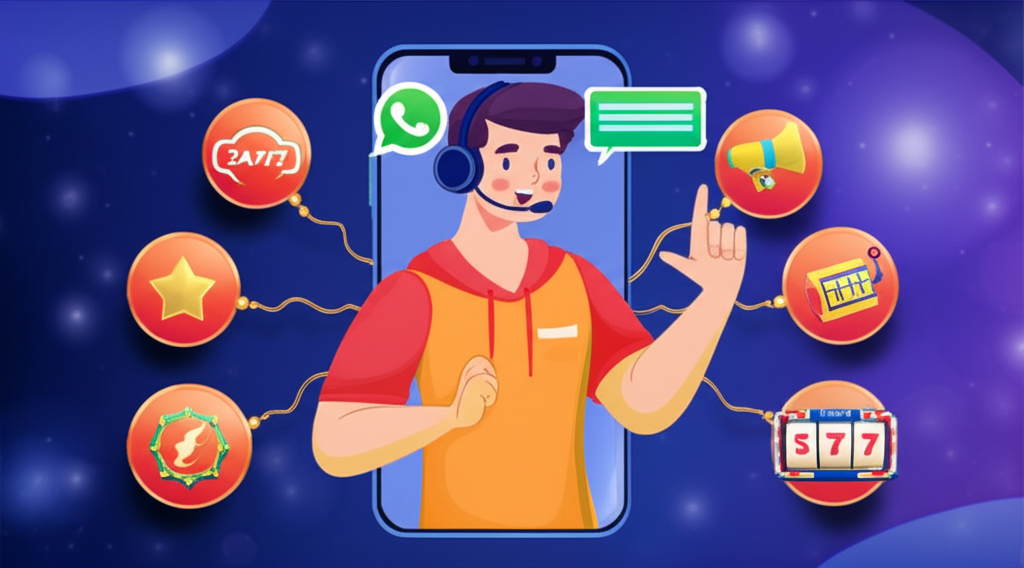 Ilustrasi pemain slot online Indonesia yang puas berinteraksi dengan layanan customer service WhatsApp 24/7 di platform SuperSlotWins