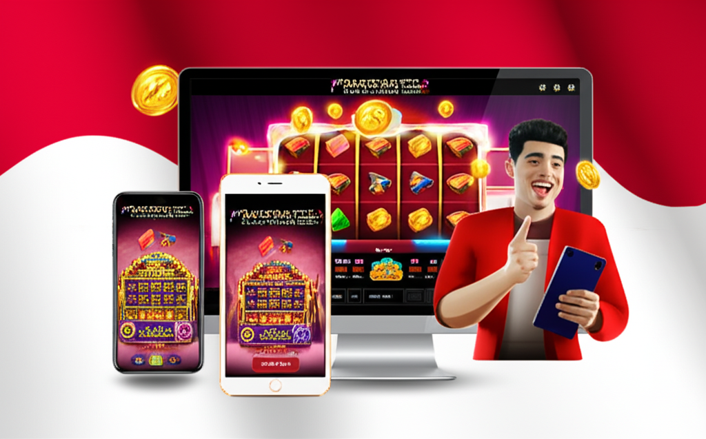 Ilustrasi pemain Indonesia bermain slot progresif di platform casino online terpercaya dengan ikon keamanan dan provider ternama