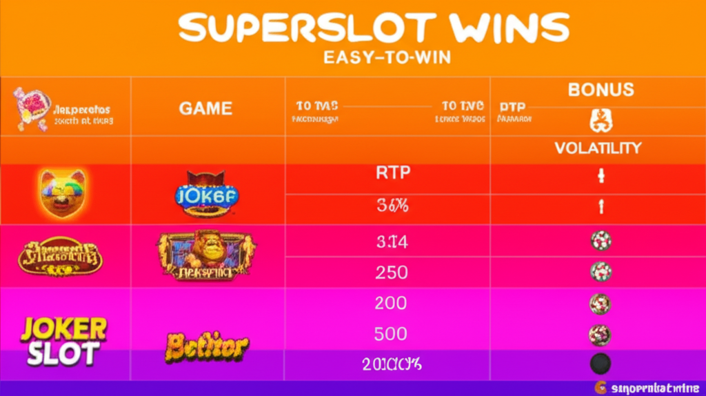 ตารางเปรียบเทียบเกมสล็อตแตกง่ายบน superslotwins จากค่าย PG Slot, Joker Slot และ Betflix พร้อมข้อมูล RTP และโบนัส