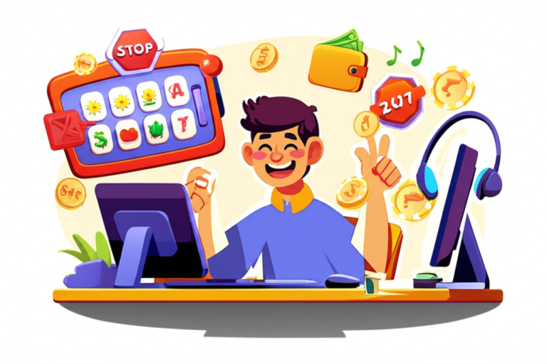 Ilustrasi pemain slot online Indonesia yang bahagia dengan ikon batas kerugian dan kemenangan, menunjukkan konsep bermain bertanggung jawab dan pengelolaan keuangan yang aman