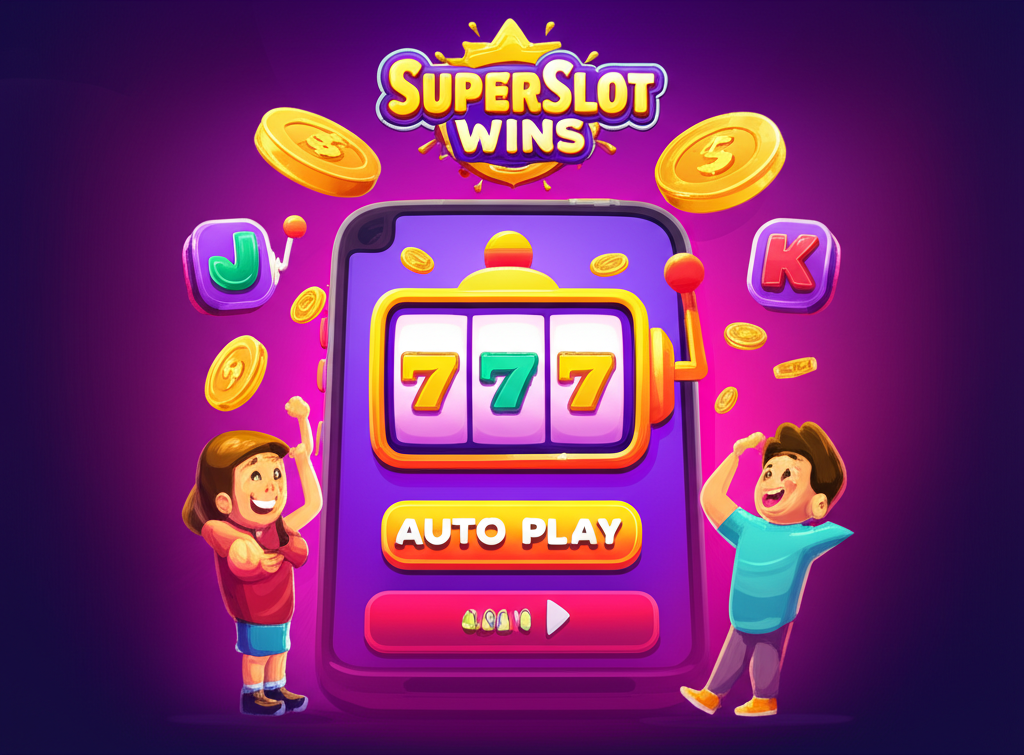 Ilustrasi pemain slot online Indonesia menggunakan fitur Auto Play dengan latar belakang logo SuperSlotWins dan ikon mesin slot