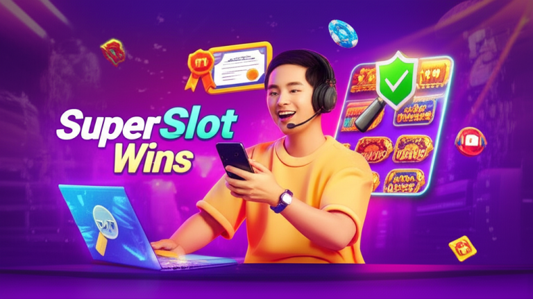 Ilustrasi pemain Indonesia yang senang bermain slot online dengan simbol keamanan, lisensi resmi, audit fairness, dan layanan pelanggan 24/7 di platform SuperSlotWins