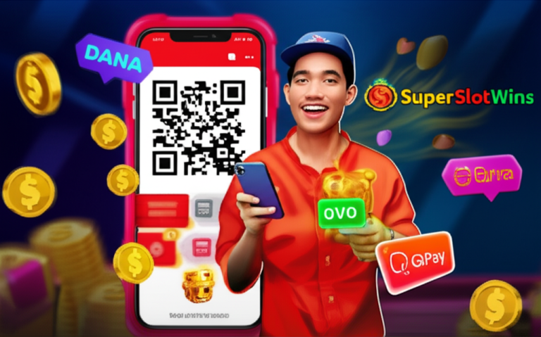 Ilustrasi pemain slot online Indonesia menggunakan QRIS untuk deposit di platform SuperSlotWins dengan tampilan antarmuka kasino digital yang modern dan aman