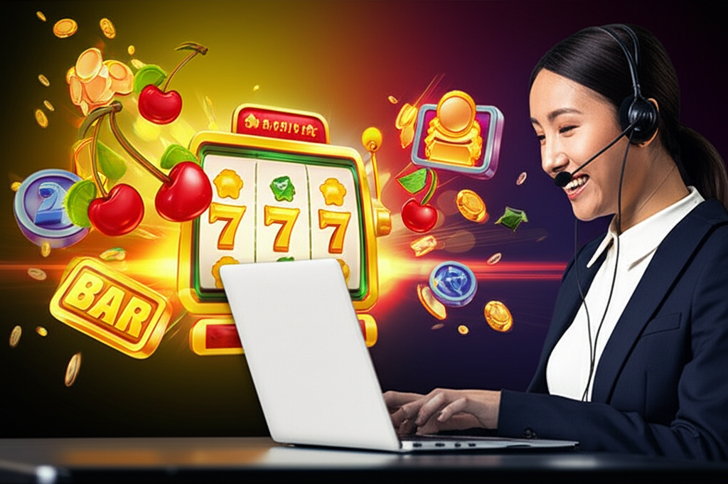 Customer service agent assisting online slot game player with 24/7 support at SuperSlotWins