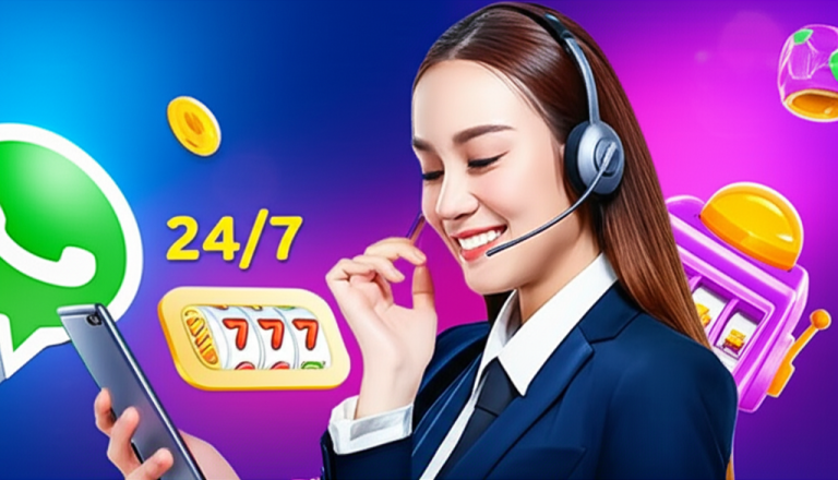 Customer service agent chatting on WhatsApp with 24/7 support icons and slot machine symbols representing SuperSlotWins online slot platform