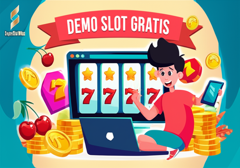 Ilustrasi pemain Indonesia menikmati demo slot gratis di platform SuperSlotWins dengan simbol slot berwarna-warni