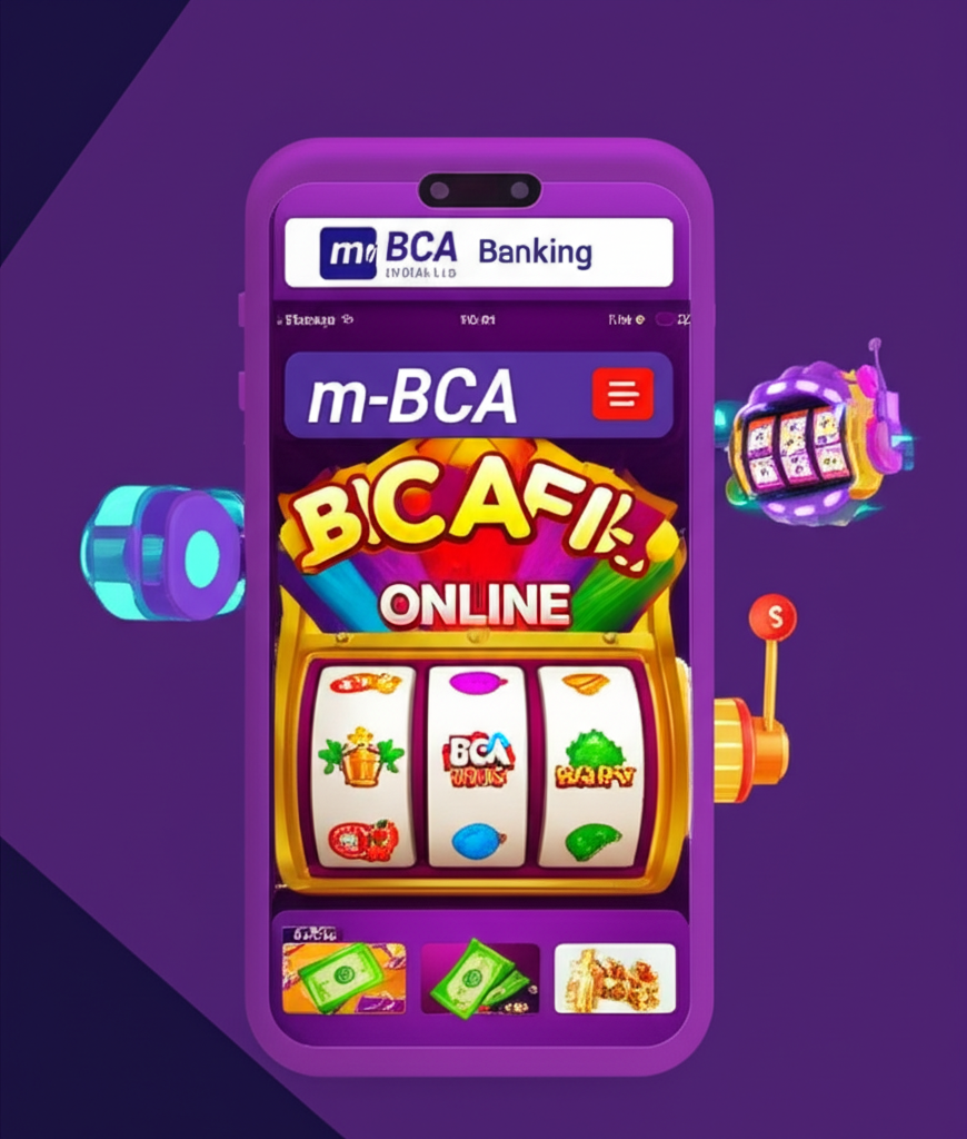 Ilustrasi smartphone dengan aplikasi mobile banking BCA dan permainan slot online, menggambarkan cara deposit slot online via transfer bank BCA di SuperSlotWins