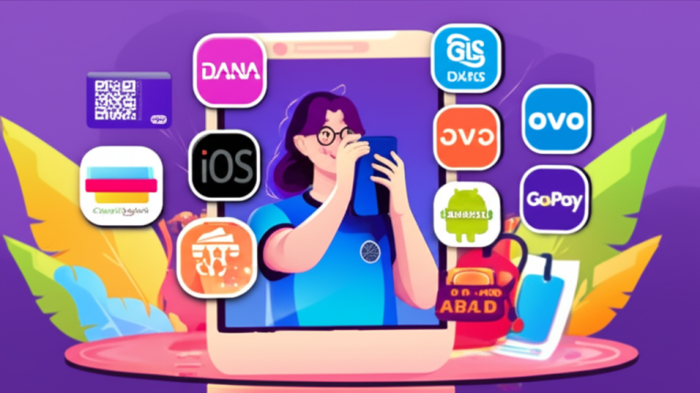 Ilustrasi pemain menggunakan HP Android dan iOS untuk deposit slot online dengan metode pembayaran populer Indonesia seperti QRIS, DANA, OVO, GoPay, dan mobile banking