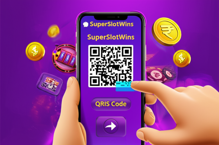 Ilustrasi pemain slot online Indonesia menggunakan smartphone untuk scan QRIS QR code melakukan deposit cepat di SuperSlotWins