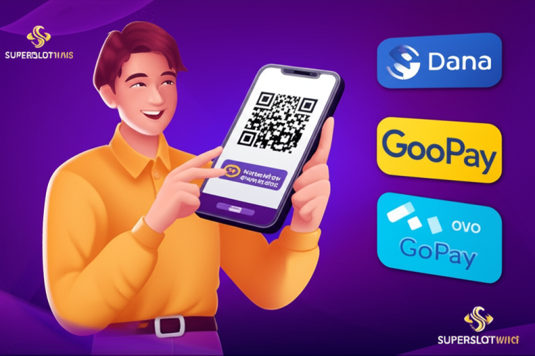 Ilustrasi pemain slot online Indonesia menggunakan smartphone untuk deposit dengan QRIS, menampilkan ikon Dana, OVO, GoPay, dan mobile banking, dengan latar belakang permainan slot online dan logo SuperSlotWins.