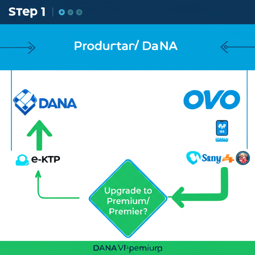Diagram alur proses upgrade akun DANA ke Premium dan OVO ke Premier dengan persyaratan dan manfaatnya