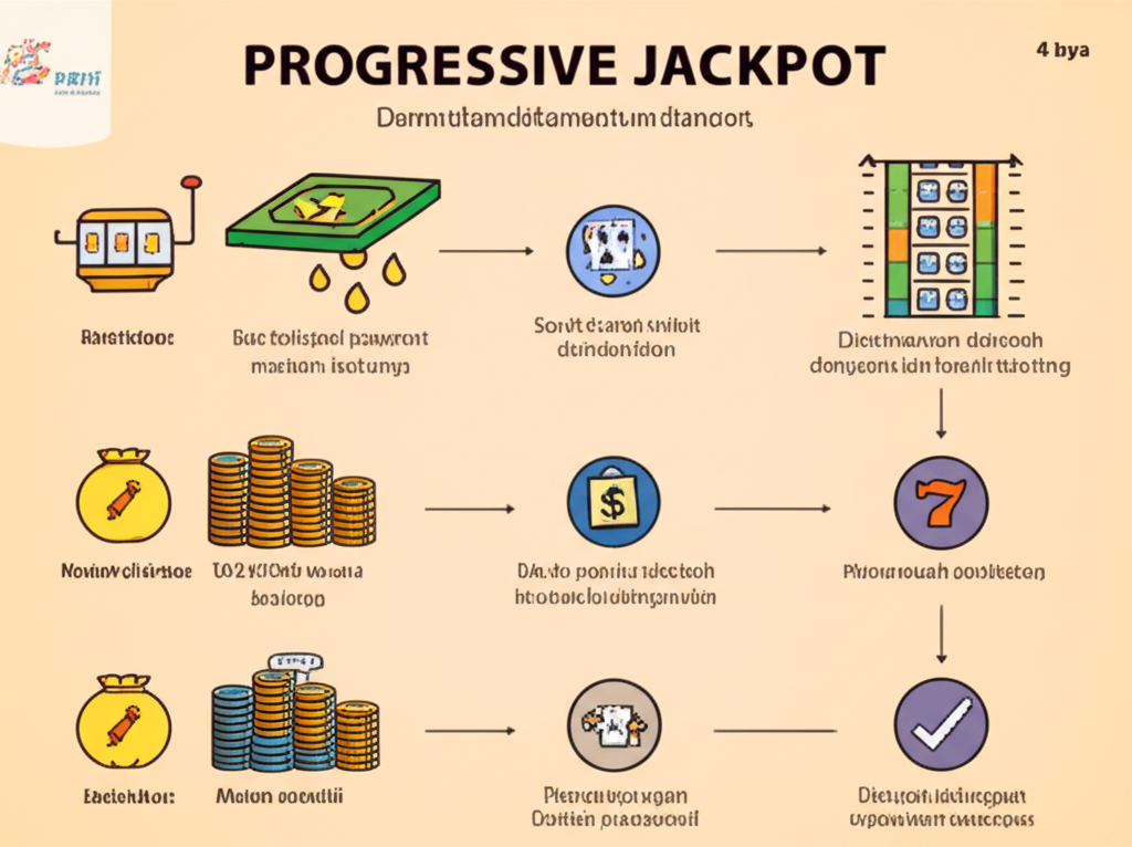 Diagram mekanisme jackpot progresif pada permainan slot online dengan penjelasan peluang menang dan pengumpulan jackpot