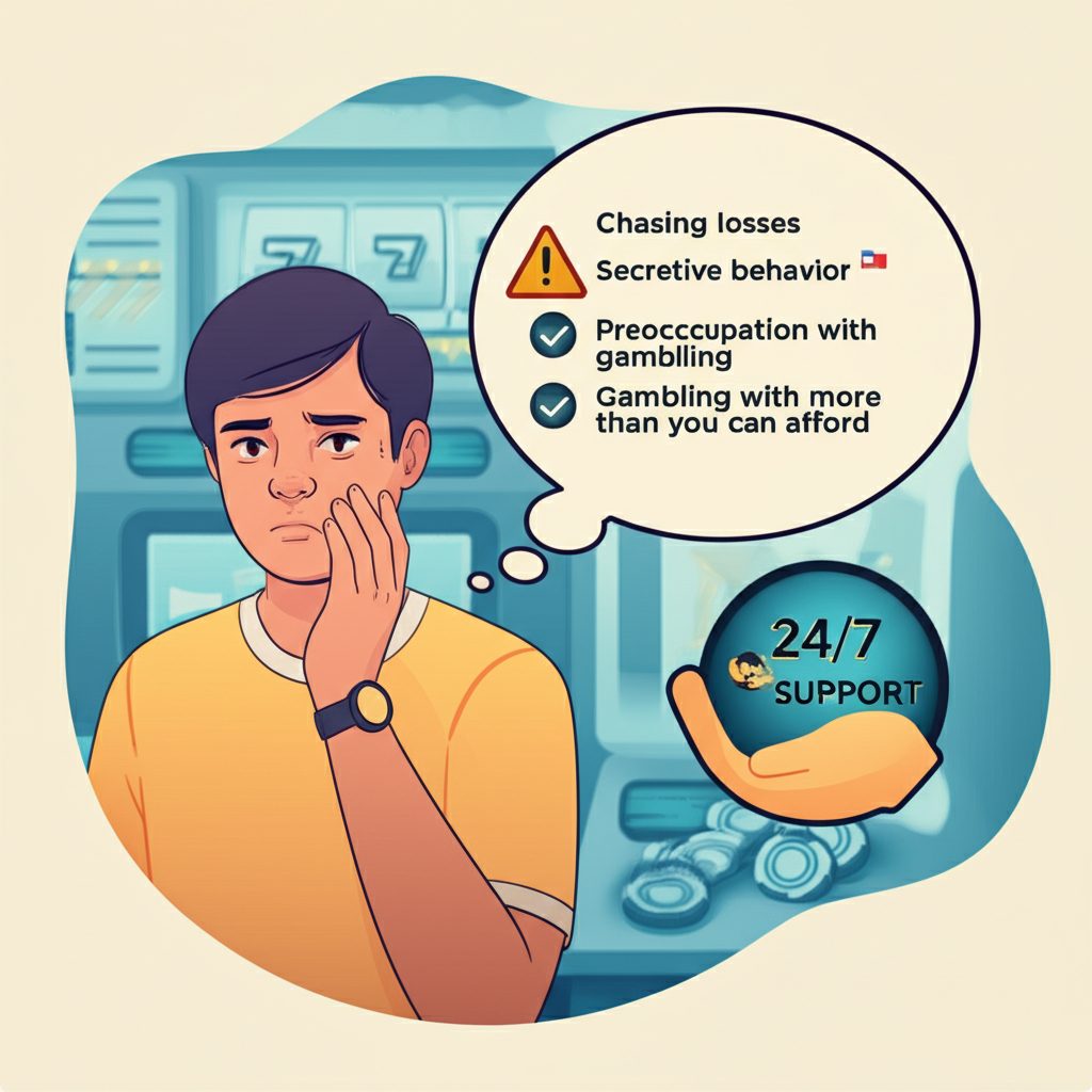 Ilustrasi tanda-tanda kecanduan judi slot dan dukungan layanan 24/7 dari SuperSlotWins untuk bermain bertanggung jawab