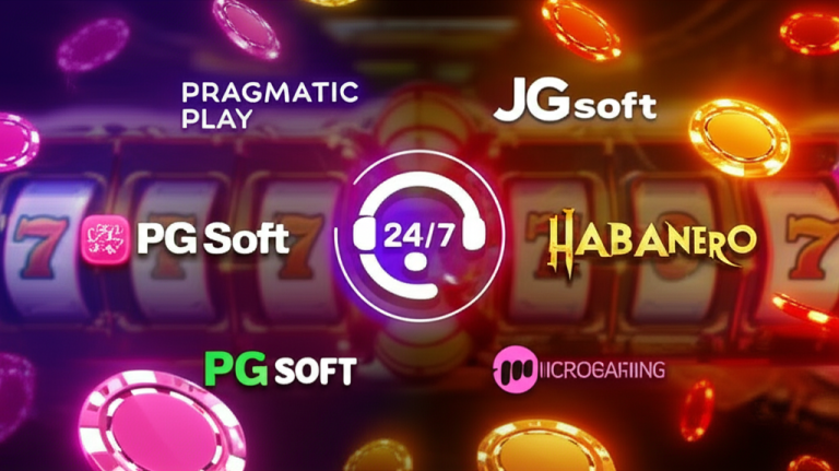 โลโก้ provider slot ชั้นนำ Pragmatic Play, PG Soft, Habanero และ Microgaming พร้อมสัญลักษณ์บริการลูกค้า 24 ชั่วโมง