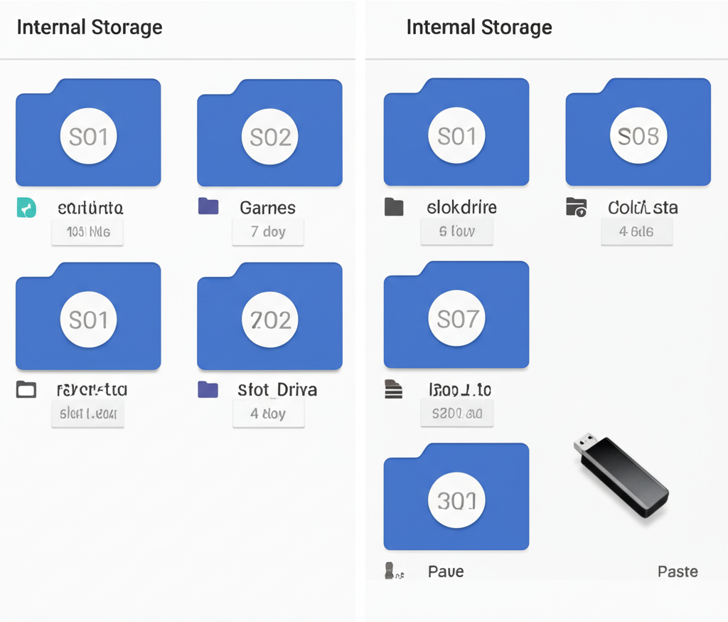 Tampilan aplikasi file manager Android saat menyalin data slot online ke USB OTG