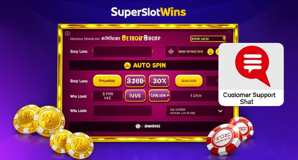 Tampilan fitur autoplay dan layanan pelanggan 24/7 di platform SuperSlotWins