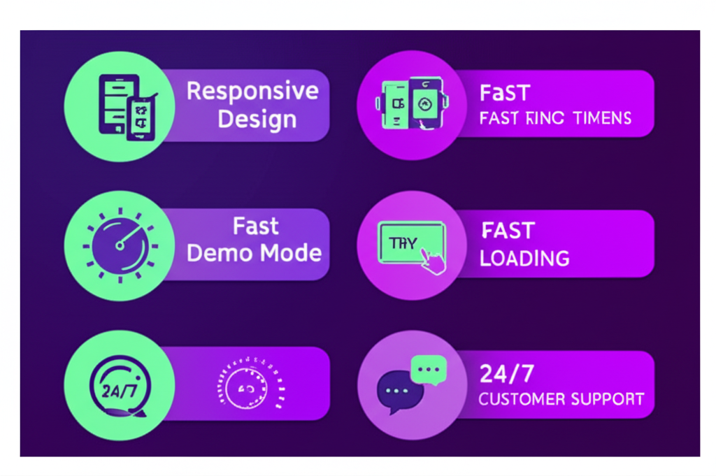 Infografis fitur utama provider slot mobile terbaik untuk pemula seperti desain responsif, loading cepat, mode demo, dan layanan pelanggan 24/7