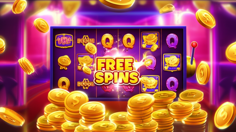 Ilustrasi pemain slot online Indonesia yang senang merayakan kemenangan free spins di layar mesin slot berwarna-warni dengan ikon bonus dan koin
