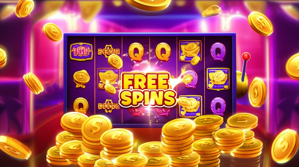 Ilustrasi pemain slot online Indonesia yang senang merayakan kemenangan free spins di layar mesin slot berwarna-warni dengan ikon bonus dan koin