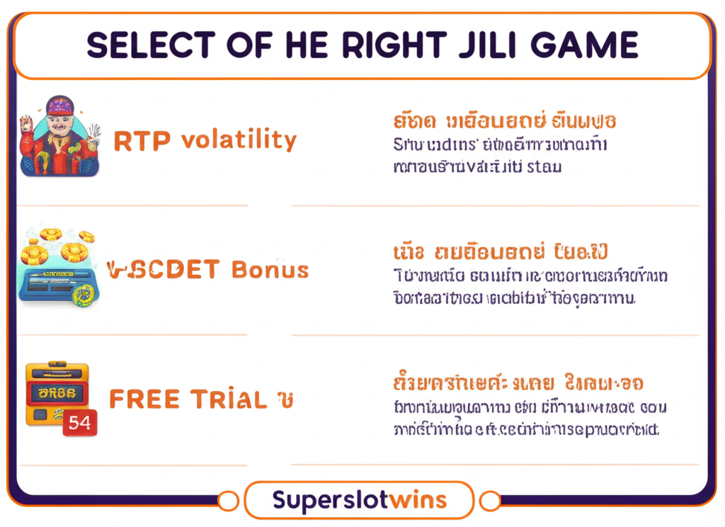 อินโฟกราฟิกแนะนำวิธีเลือกเกมสล็อต JILI ที่ใช่บน superslotwins โดยอธิบายค่า RTP, ความผันผวน, ฟีเจอร์โบนัส และการทดลองเล่นฟรี