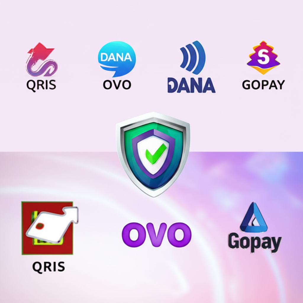 Infographic showing popular Indonesian payment methods QRIS, DANA, OVO, Gopay, and bank transfer for online slot deposits