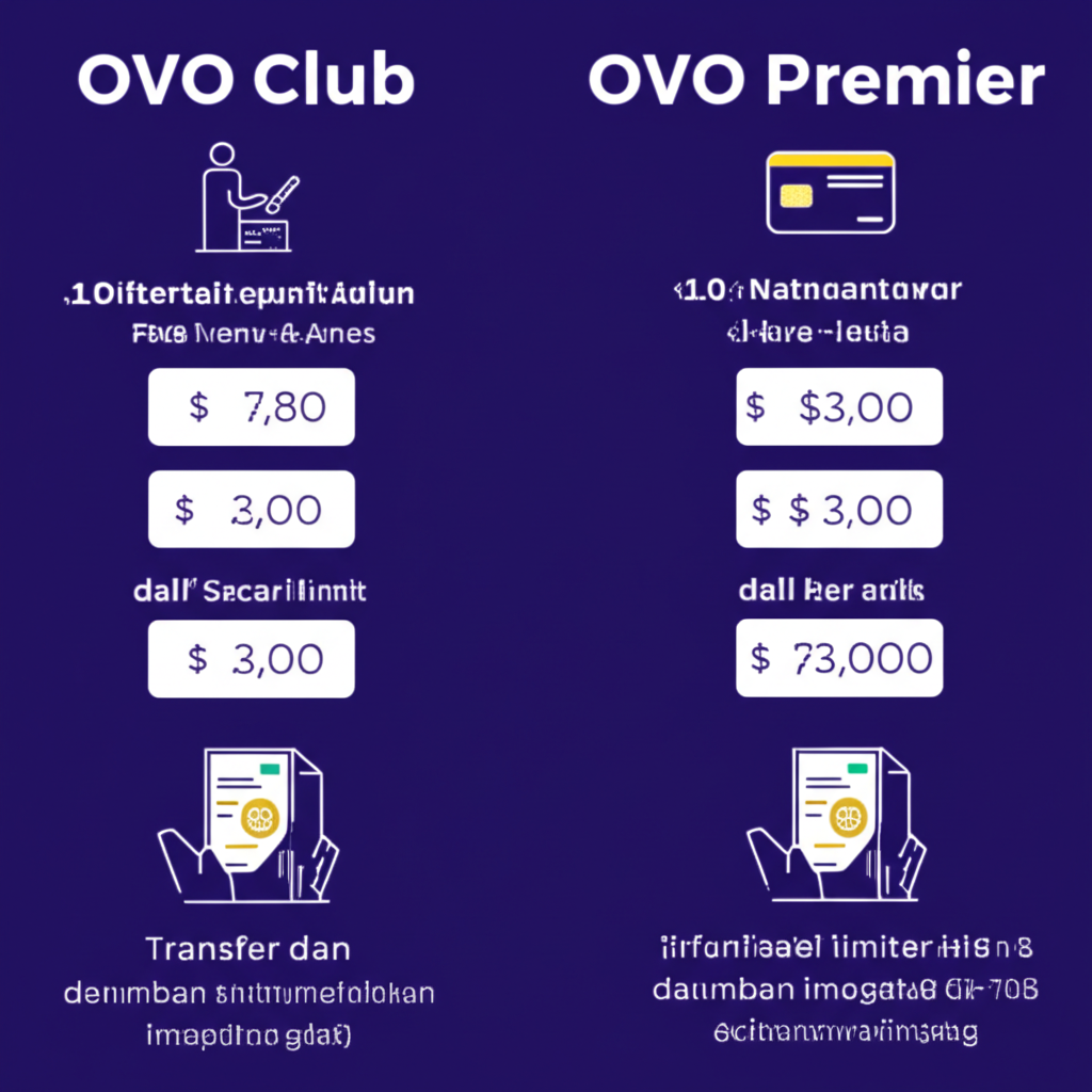 Infografis perbandingan limit transaksi OVO Club dan OVO Premier dengan batas harian, mingguan, dan bulanan