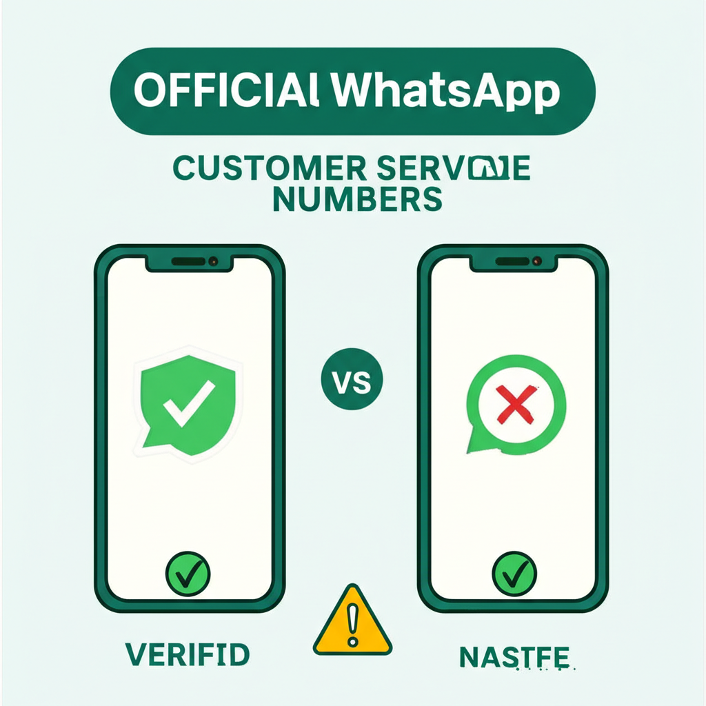 Infografis cara mengenali nomor WhatsApp customer service resmi dan nomor palsu dengan tanda centang dan peringatan