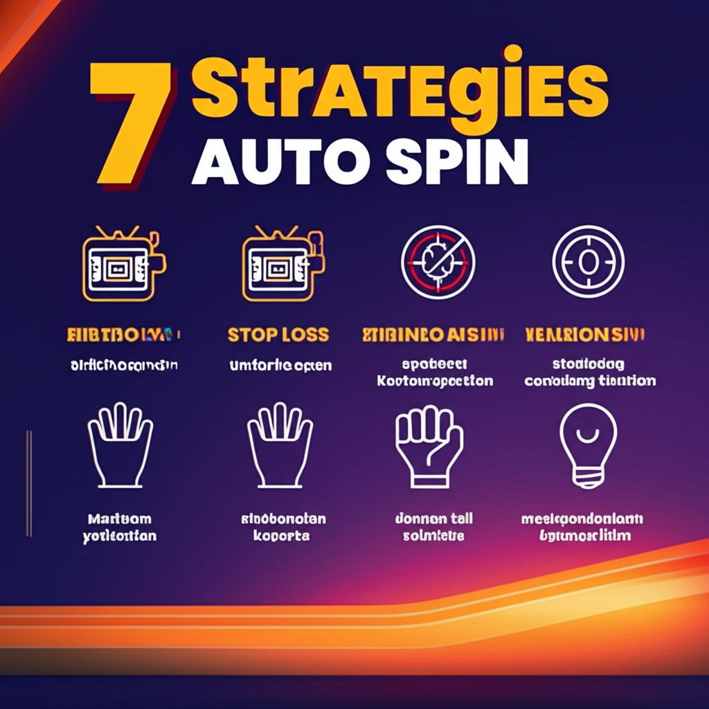 Infografis 7 strategi mengatur setting Auto Spin untuk memaksimalkan profit di slot online dengan ikon dan penjelasan singkat