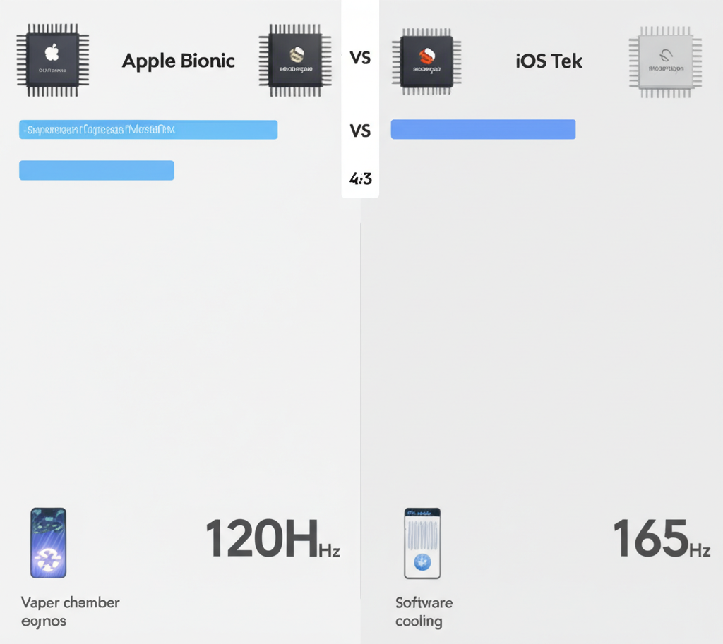 Infografis perbandingan chipset, refresh rate layar, dan sistem pendingin antara perangkat Android dan iOS untuk slot mobile