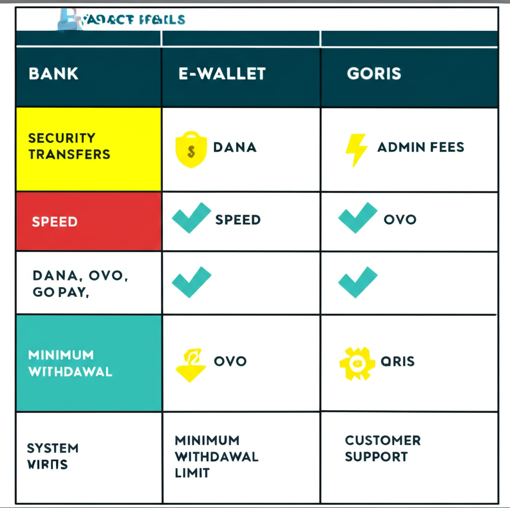 Infografis tabel perbandingan kelebihan dan kekurangan metode withdraw slot: Bank, E-Wallet, dan QRIS