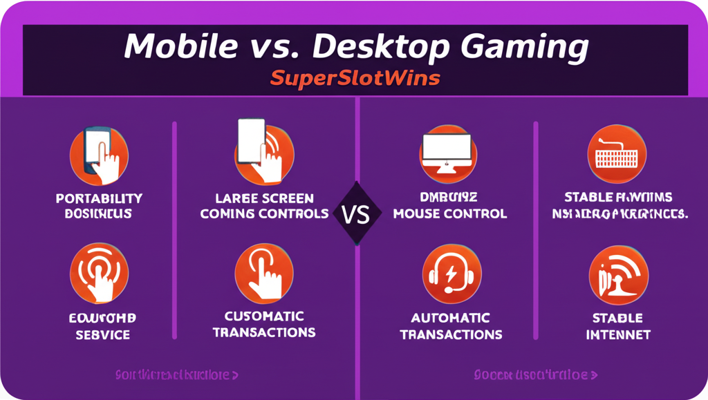 Infografis perbandingan fitur utama slot mobile dan desktop dengan ikon dan keunggulan platform SuperSlotWins