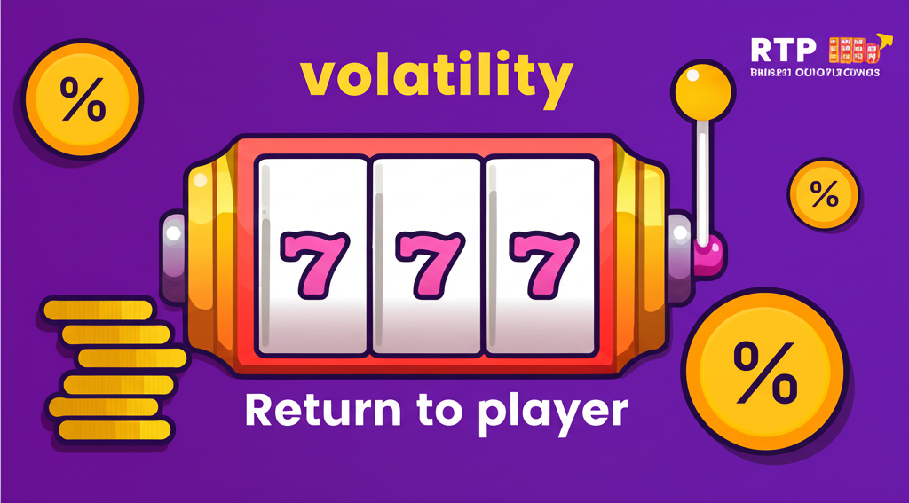 Infografis penjelasan RTP dan volatilitas dalam permainan slot dengan ikon sederhana dan visual mudah dipahami