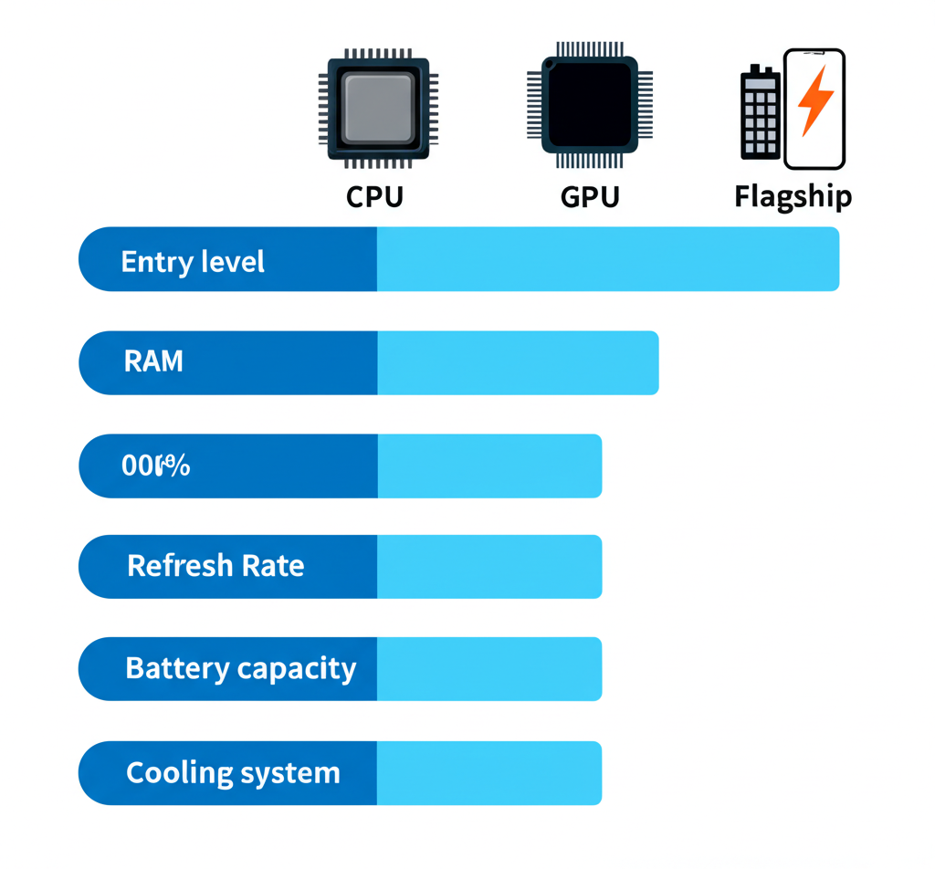 Infografis spesifikasi utama HP entry level dan flagship yang mempengaruhi performa slot online