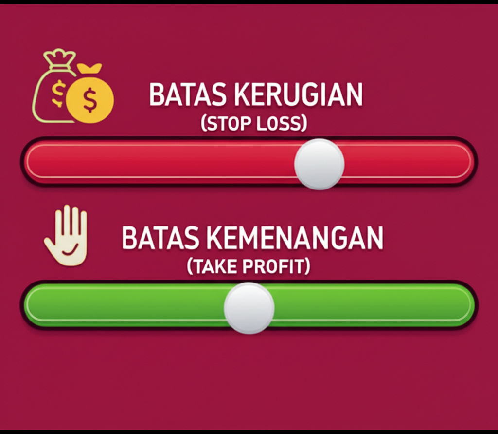 Infografis konsep batas kerugian dan batas kemenangan dalam permainan slot online dengan ilustrasi mesin slot dan indikator stop loss serta take profit