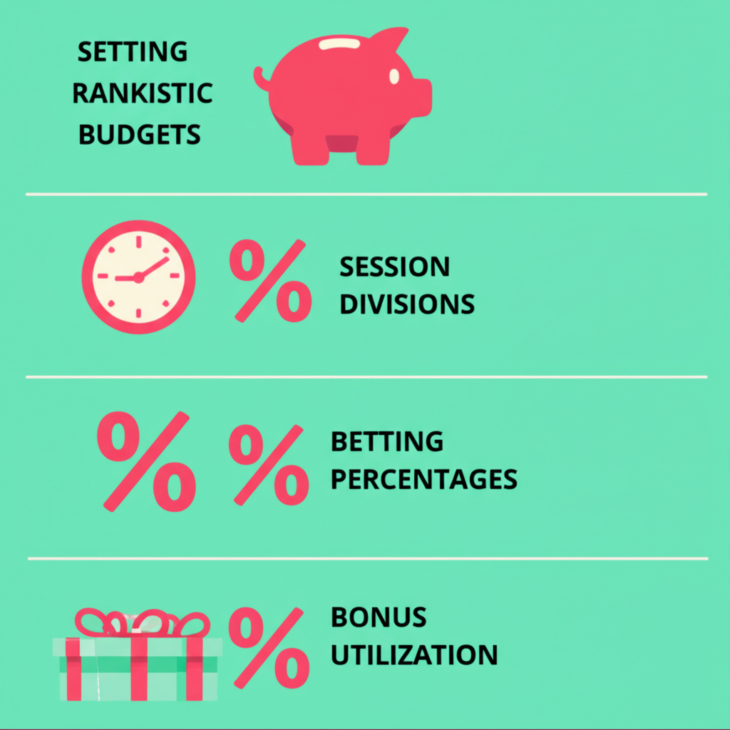 Infografis strategi manajemen bankroll untuk pemain slot online yang mencakup pengaturan anggaran, pembagian sesi, persentase taruhan, dan pemanfaatan bonus