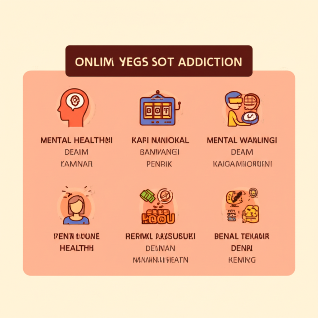 Infografis tanda-tanda kecanduan slot online yang umum dengan ikon kesehatan mental, kerugian finansial, dan dampak sosial