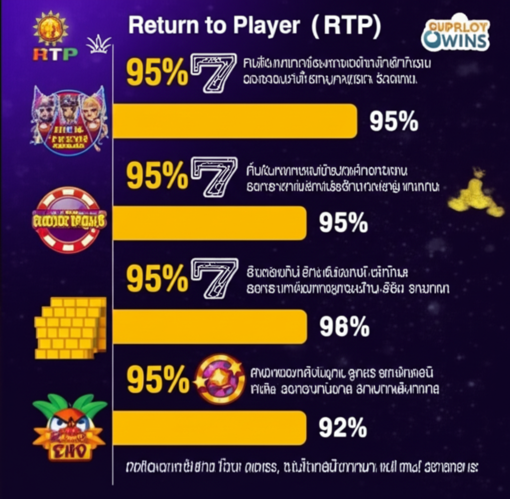 อินโฟกราฟิกเปรียบเทียบอัตราต่อรอง RTP ของเกมคาสิโนและสล็อตยอดนิยมใน superslotwins ที่มีค่า RTP สูงกว่า 95%