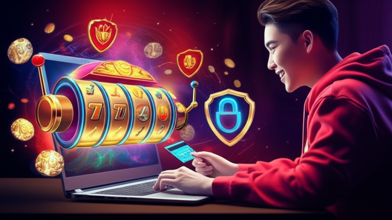 Ilustrasi pemain Indonesia menggunakan kartu kredit dengan aman untuk bermain slot online dengan simbol keamanan transaksi