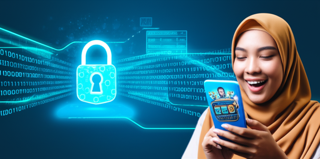 Ilustrasi keamanan transaksi slot online dengan ikon gembok dan pemain menggunakan smartphone