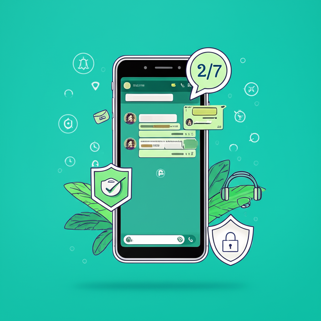 Ilustrasi smartphone dengan chat WhatsApp customer service yang aman dan responsif, menampilkan ikon keamanan dan layanan 24/7