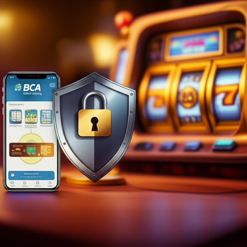 Ilustrasi keamanan transaksi deposit slot online via transfer bank BCA dengan simbol keamanan dan aplikasi mobile banking
